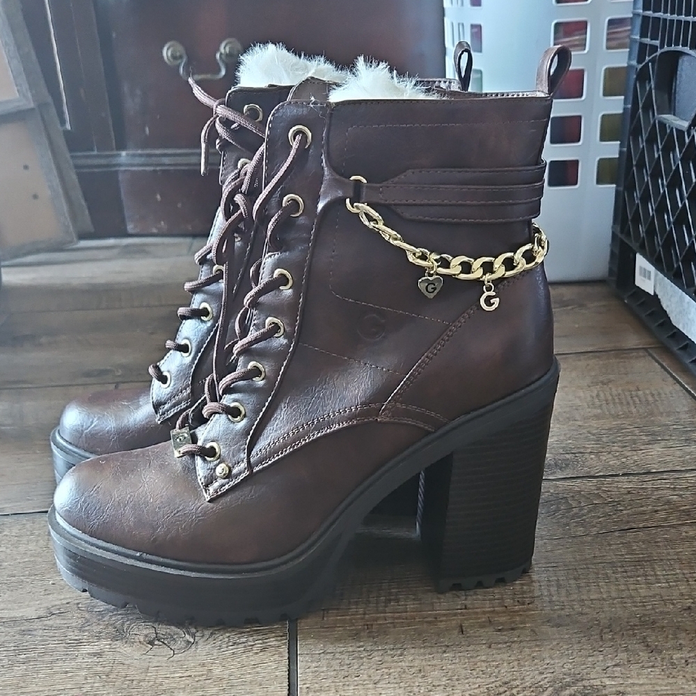 GBG by Guess Chunky Heel Ankle Boots with Fur Trim, sz 11
